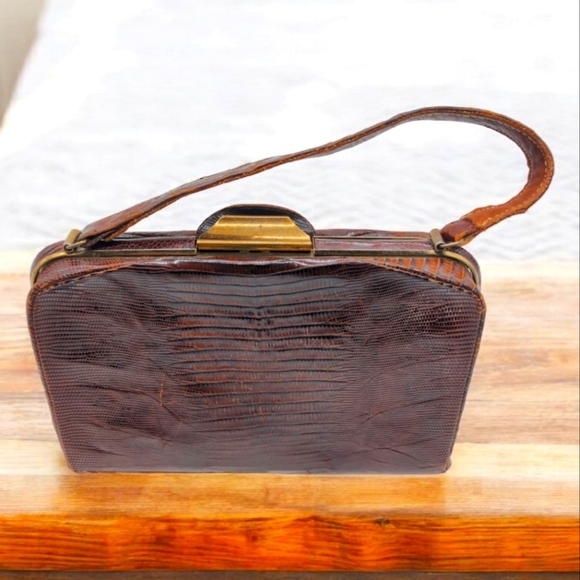 Deitsch Brown Lizard Reptile Leather Handbag 1950s Vintage - Picture 1 of 9